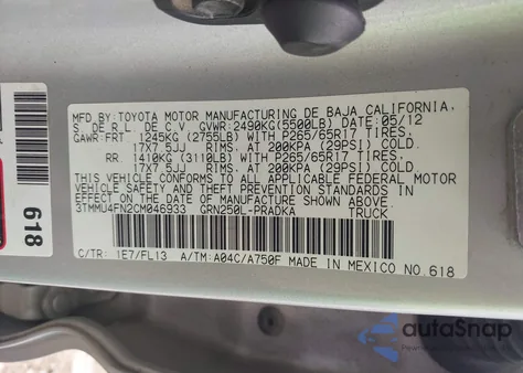 2012 Toyota Tacoma Base V6 z USA, uszkodzony, nr VIN 3TMMU4FN2CM046933
